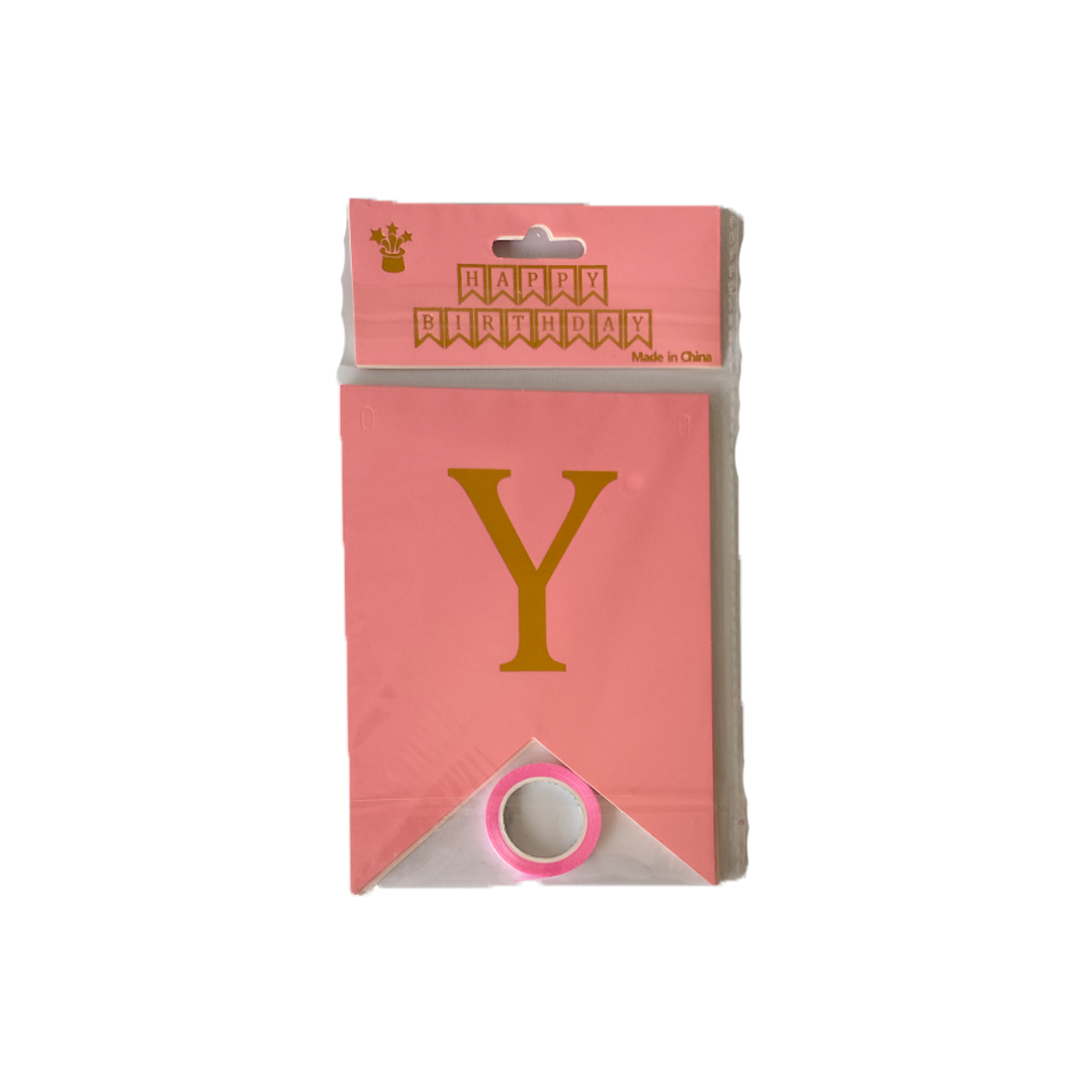 Pink Happy Birthday Banner With Golden Text