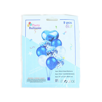 9 pcs Hear & Confetti Balloons Blue