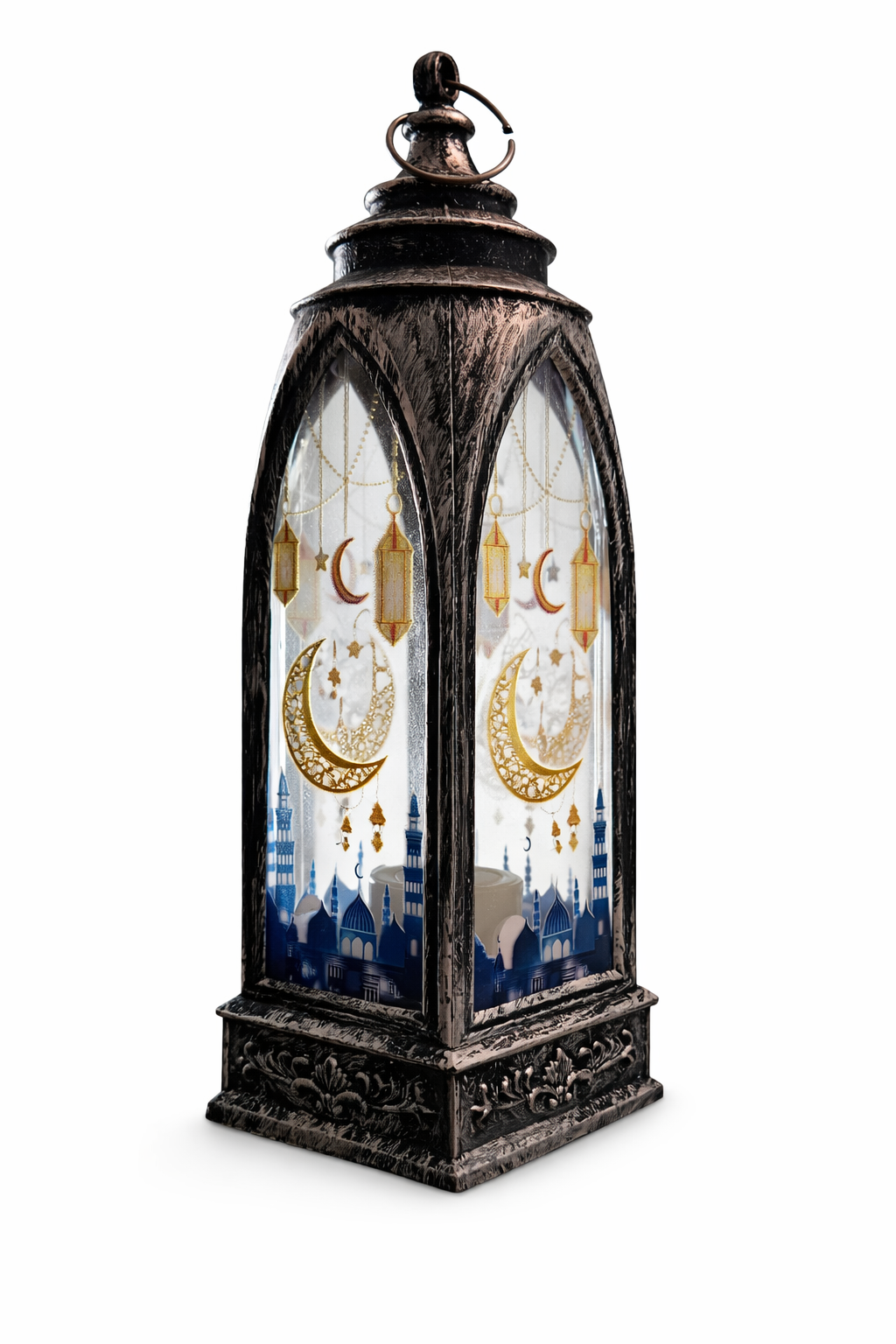 Ramadan Tower Lantern - Silver With Ramzan Mubarak Crescent Design