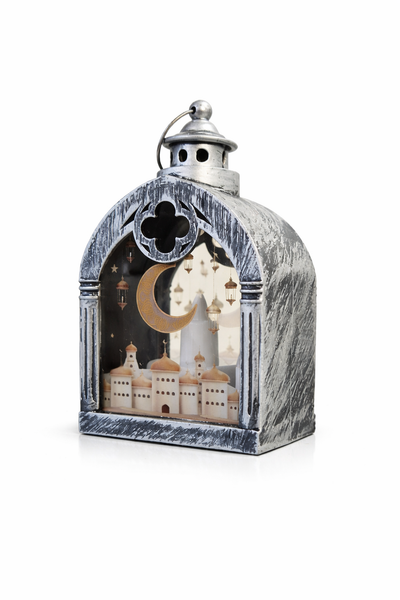 Silver Dome Ramzan Lantern With White Mosque &amp; Crescent Print