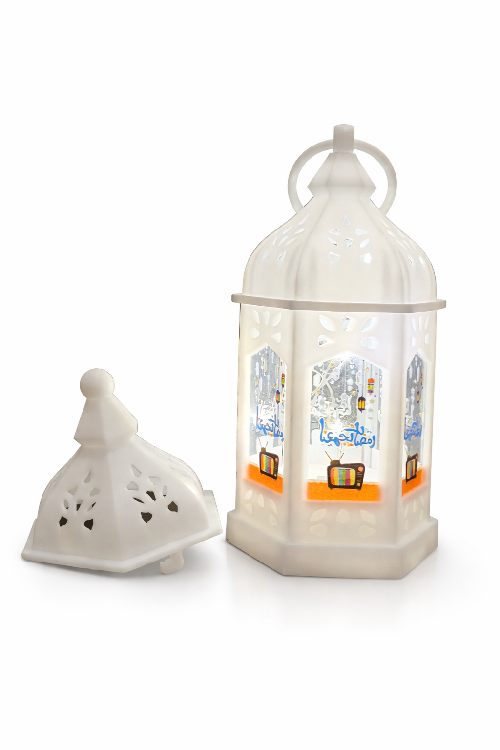 White Hexagon Hanging Ramzan Lantern With Ramzan Mubarak Print