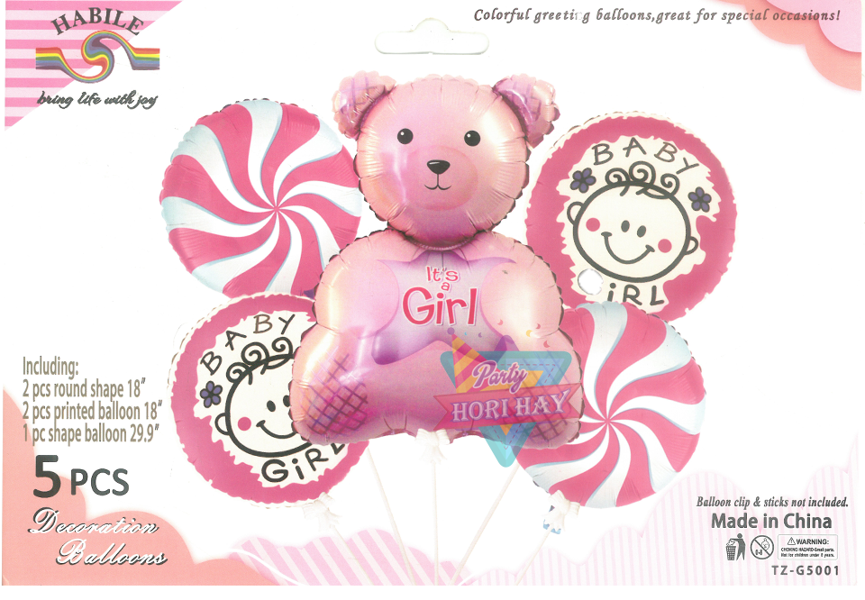 Its A Girl Teddy Theme Set 5pc Foil Balloons