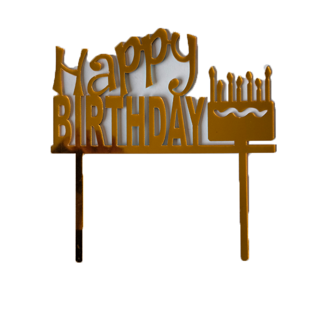 Happy Birthday Golden Cake Shape Cake Topper
